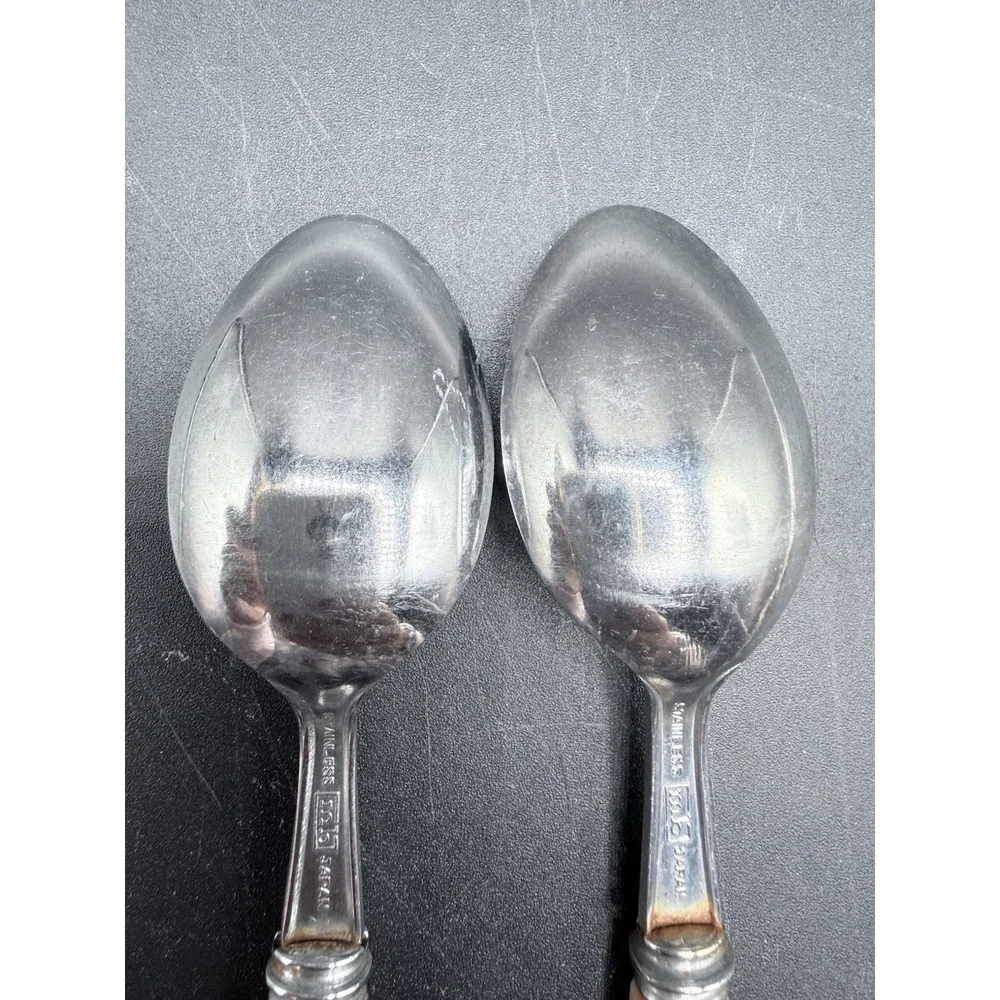 VTG MB Hollow Ground Galaxie Stainless Teaspoons Set 2 Japan MCM Bakelite Handle